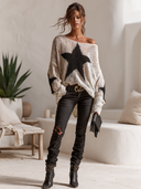 Women's Casual Off-shoulder Star Print Openwork Knit Loose Sweater ZMZ2334I6XT