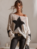 Women's Casual Off-shoulder Star Print Openwork Knit Loose Sweater ZMZ2334I6XT