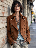 Women's Solid-Color Military-Style Double-Breasted Cropped Jacket ZMZ2303I2XT