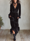 Women's Black Velvet Maxi Dress, V Neck Ruffle Long Sleeve Smocked Waist Lace Tiered Bohemian Dress ZMZ2411I1YZH
