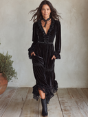 Women's Black Velvet Maxi Dress, V Neck Ruffle Long Sleeve Smocked Waist Lace Tiered Bohemian Dress ZMZ2411I1YZH