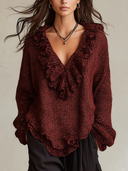 Women's Marled Knit Top For Women, Deep V Neck Ruffle Trim Loose Long Sleeve Boho Blouse ZMZ2441I3YZH