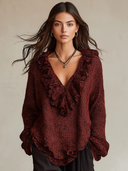 Women's Marled Knit Top For Women, Deep V Neck Ruffle Trim Loose Long Sleeve Boho Blouse ZMZ2441I3YZH