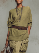 Women's Olive Green Off Shoulder Pleated Knit Top, Batwing Long Sleeve Loose Casual Knitted Blouse With Belt ZMZ2413I7YZH