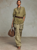 Women's Olive Green Off Shoulder Pleated Knit Top, Batwing Long Sleeve Loose Casual Knitted Blouse With Belt ZMZ2413I7YZH