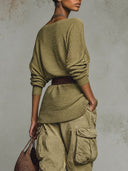 Women's Olive Green Off Shoulder Pleated Knit Top, Batwing Long Sleeve Loose Casual Knitted Blouse With Belt ZMZ2413I7YZH