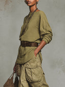 Women's Olive Green Off Shoulder Pleated Knit Top, Batwing Long Sleeve Loose Casual Knitted Blouse With Belt ZMZ2413I7YZH