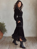 Women's Black Velvet Maxi Dress, V Neck Ruffle Long Sleeve Smocked Waist Lace Tiered Bohemian Dress ZMZ2411I1YZH