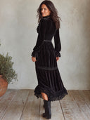 Women's Black Velvet Maxi Dress, V Neck Ruffle Long Sleeve Smocked Waist Lace Tiered Bohemian Dress ZMZ2411I1YZH