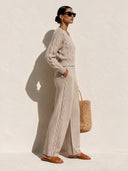 Women's Retro Casual Cable-Knit Cropped Sweater And Wide-Leg Pants Two-Piece Set ZMZ2423I9XT