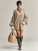 Women's Loose-fitting Lace-trimmed V-neck Lantern Sleeve Sweater Mini Dress ZMZ2283I4XT