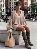Women's Loose-fitting Lace-trimmed V-neck Lantern Sleeve Sweater Mini Dress ZMZ2283I4XT
