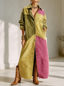 Women's Vintage-Style Color-Block Corduroy Shirt-Collar Long-Sleeve Button-Down Maxi Dress ZMZ2278I3ZYY