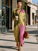 Women's Vintage-Style Color-Block Corduroy Shirt-Collar Long-Sleeve Button-Down Maxi Dress ZMZ2278I3ZYY