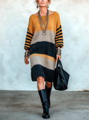 Women's Vintage Color-Block Knitted Long-Sleeve Knee-Length Dress ZMZ2446I2SWL