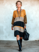 Women's Vintage Color-Block Knitted Long-Sleeve Knee-Length Dress ZMZ2446I2SWL