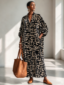 Women's Vintage-Style Casual Printed Velvet V-Neck Long-Sleeve Loose Maxi Dress ZMZ2255I5ZYY