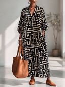 Women's Vintage-Style Casual Printed Velvet V-Neck Long-Sleeve Loose Maxi Dress ZMZ2255I5ZYY