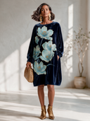 Women's Vintage-style Elegant Velvet Printed Long-sleeve Top And Elastic-waist Skirt (top Can Be Worn As A Midi Dress) ZMZ2276I0ZYY