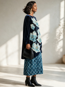 Women's Vintage-style Elegant Velvet Printed Long-sleeve Top And Elastic-waist Skirt (top Can Be Worn As A Midi Dress) ZMZ2276I0ZYY