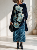 Women's Vintage-style Elegant Velvet Printed Long-sleeve Top And Elastic-waist Skirt (top Can Be Worn As A Midi Dress) ZMZ2276I0ZYY