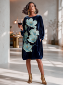 Women's Vintage-style Elegant Velvet Printed Long-sleeve Top And Elastic-waist Skirt (top Can Be Worn As A Midi Dress) ZMZ2276I0ZYY