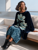 Women's Vintage-style Elegant Velvet Printed Long-sleeve Top And Elastic-waist Skirt (top Can Be Worn As A Midi Dress) ZMZ2276I0ZYY