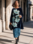 Women's Vintage-style Elegant Velvet Printed Long-sleeve Top And Elastic-waist Skirt (top Can Be Worn As A Midi Dress) ZMZ2276I0ZYY