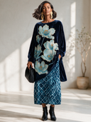 Women's Vintage-style Elegant Velvet Printed Long-sleeve Top And Elastic-waist Skirt (top Can Be Worn As A Midi Dress) ZMZ2276I0ZYY