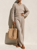 Women's Retro Casual Cable-Knit Cropped Sweater And Wide-Leg Pants Two-Piece Set ZMZ2423I9XT