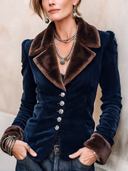 Women's Retro Navy Blue Velvet Faux Fur Collar Button Slim Fit Jacket ZMZ2404I2SWL
