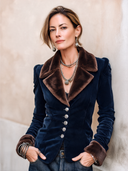 Women's Retro Navy Blue Velvet Faux Fur Collar Button Slim Fit Jacket ZMZ2404I2SWL