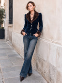 Women's Retro Navy Blue Velvet Faux Fur Collar Button Slim Fit Jacket ZMZ2404I2SWL