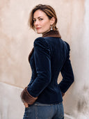 Women's Retro Navy Blue Velvet Faux Fur Collar Button Slim Fit Jacket ZMZ2404I2SWL