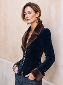 Women's Retro Navy Blue Velvet Faux Fur Collar Button Slim Fit Jacket ZMZ2404I2SWL