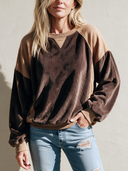 Women's Retro Casual Corduroy And Faux Suede Panel Pullover Sweatshirt ZMZ2453I2ZJY