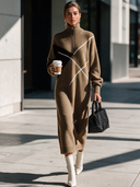 Women's Vintage-Style Elegant Casual V-Neck Zip-Front Long-Sleeve Knit Maxi Dress ZMZ2465I8ZYY