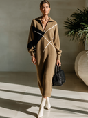 Women's Vintage-Style Elegant Casual V-Neck Zip-Front Long-Sleeve Knit Maxi Dress ZMZ2465I8ZYY