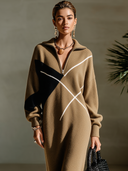 Women's Vintage-Style Elegant Casual V-Neck Zip-Front Long-Sleeve Knit Maxi Dress ZMZ2465I8ZYY