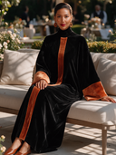 Women's Formal Vintage Elegant High-Neck Bell-Sleeve Color-Block Velvet Maxi Dress ZMZ2454I0ZYY
