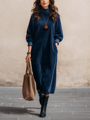 Women's Vintage Navy Corduroy Long-Sleeve Midi Dress With Ribbed Cuffs ZMZ2495I1SWL