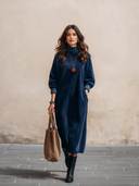 Women's Vintage Navy Corduroy Long-Sleeve Midi Dress With Ribbed Cuffs ZMZ2495I1SWL