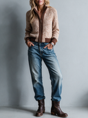 Women's Retro Casual Cotton Yarn Knit Color Block Zipper Stand Collar Cardigan ZMZ2448I5ZJY