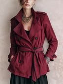 Women's Vintage Burgundy Double-breasted Belted Short Trench Coat ZMZ2443I8SWL