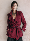 Women's Vintage Burgundy Double-breasted Belted Short Trench Coat ZMZ2443I8SWL