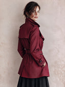 Women's Vintage Burgundy Double-breasted Belted Short Trench Coat ZMZ2443I8SWL