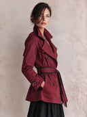 Women's Vintage Burgundy Double-breasted Belted Short Trench Coat ZMZ2443I8SWL
