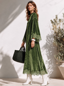 Women's Vintage Elegant Velvet Maxi Dress With Round Neck, Flared Sleeves, And Lace Paneling ZMZ2447I5ZYY