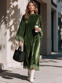 Women's Vintage Elegant Velvet Maxi Dress With Round Neck, Flared Sleeves, And Lace Paneling ZMZ2447I5ZYY