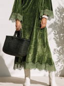Women's Vintage Elegant Velvet Maxi Dress With Round Neck, Flared Sleeves, And Lace Paneling ZMZ2447I5ZYY